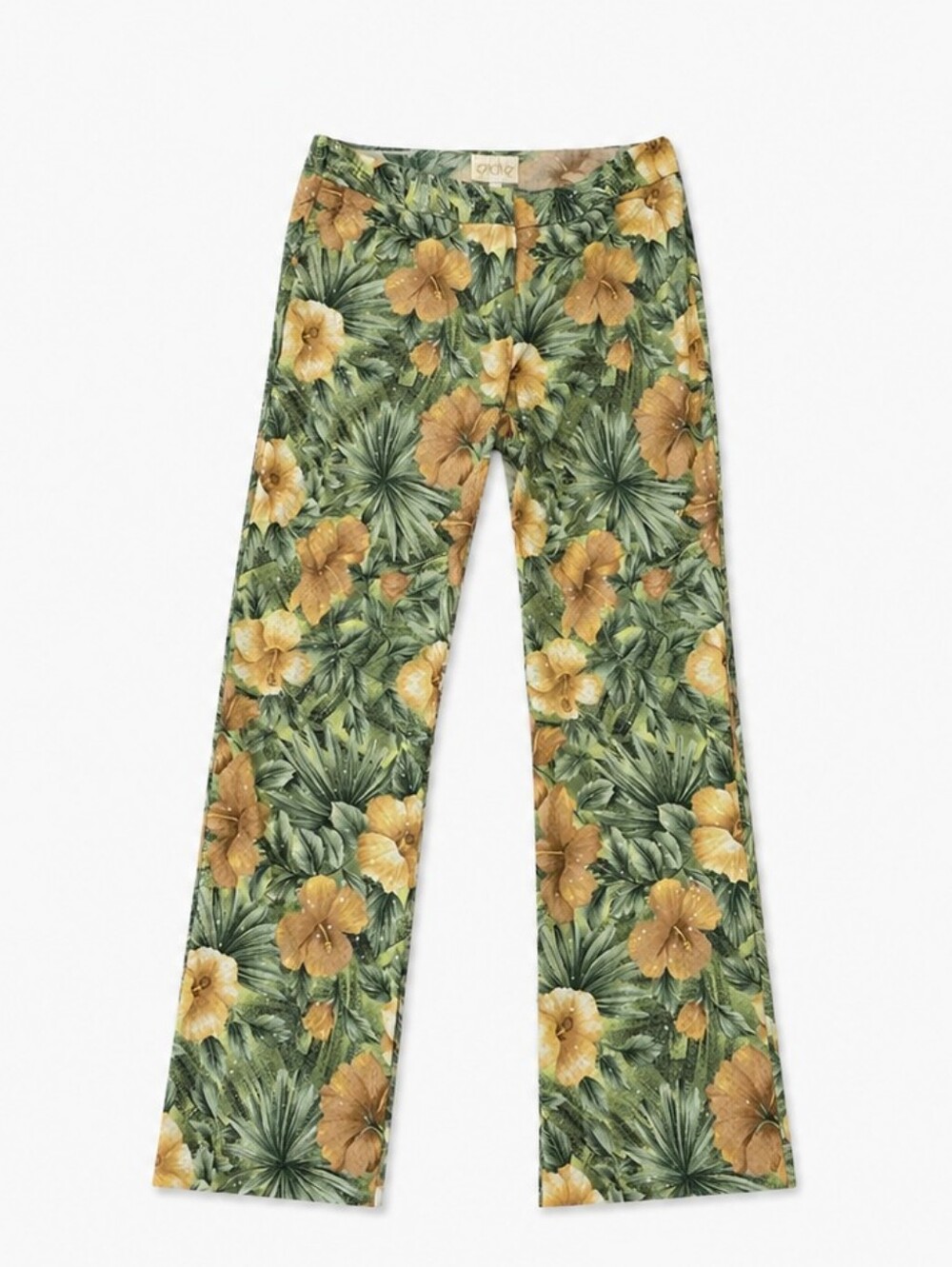 Cache Floral Green and Gold Tropical Print Pants With Clear Sequins, Size 12 NWT